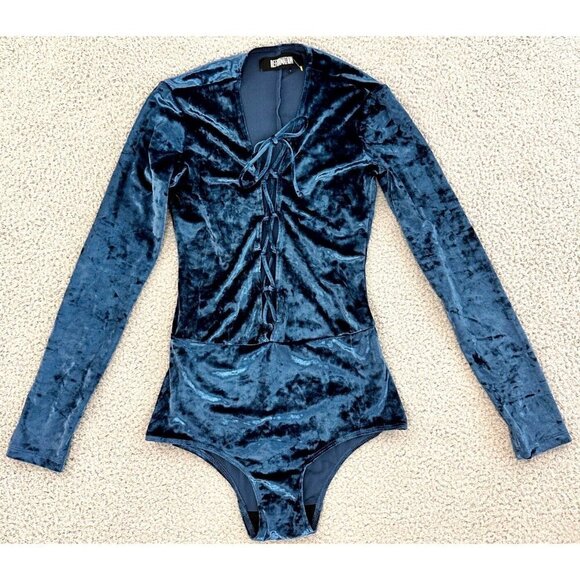 Reformation Velvet Avalon Bodysuit Womens XS Criss Cross Teal Blue - Picture 3 of 16